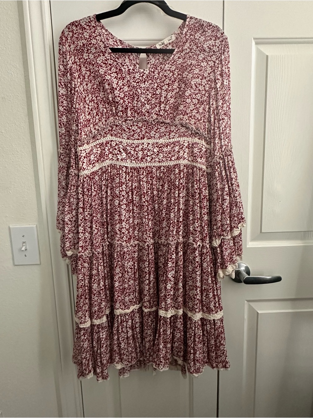 Indigo Soul Wine Floral Lace-Trim Tiered Midi Dress